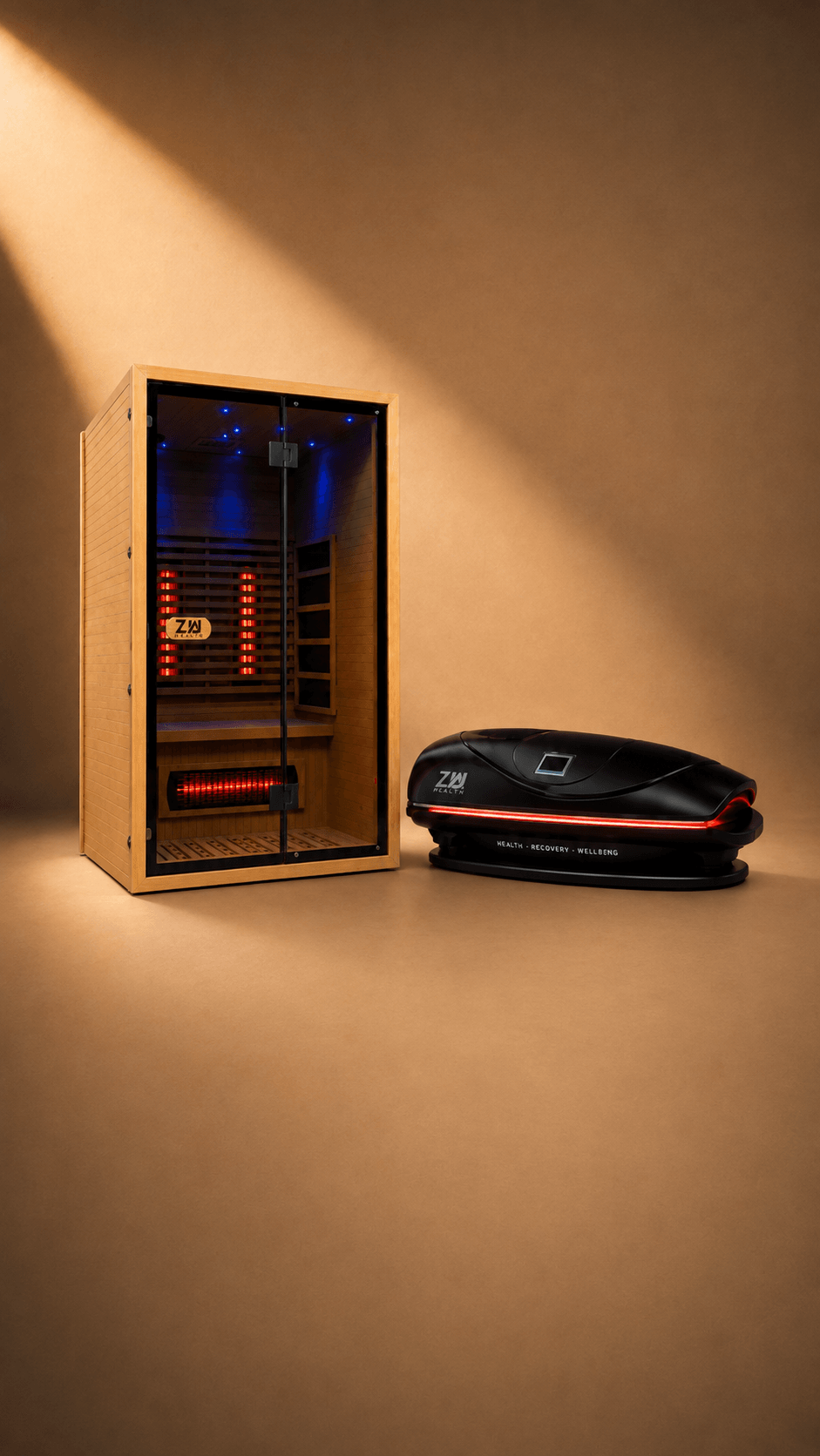 A Zua 2 person infrared sauna and Z7 red light bed in a warm studio, framed for a phone